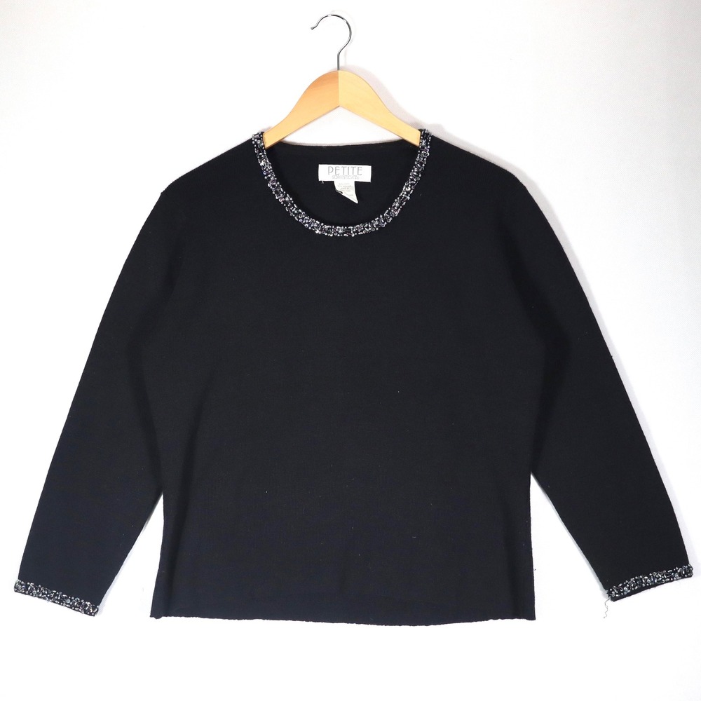 Petite Sophisticate Sweater Womens L Black Beaded Sequin Wool Blend Holiday